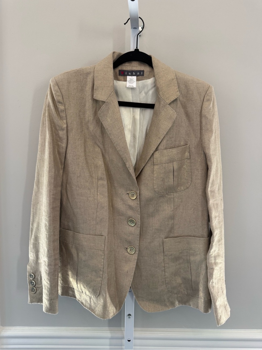 Vishal Tan Linen Blend Blazer Women’s Size 10 Tailored Neutral Jacket Metallic